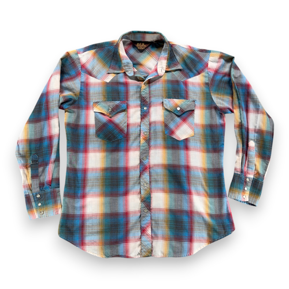 Vintage Western Shirt Adult LARGE Blue Rainbow Plaid Cowboy Rodeo Pearl Snap 90s